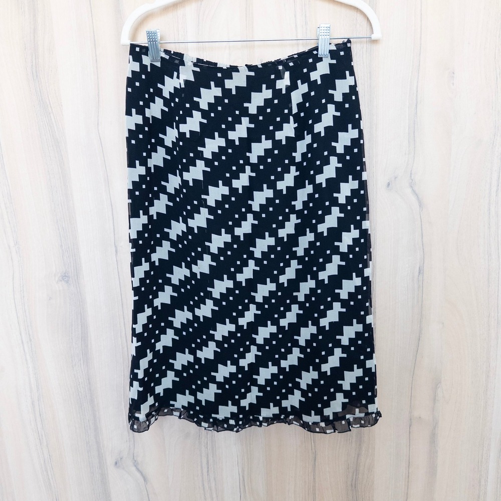 Johnny Was Womens Silk Skirt S Black White Geometric Ruffle Hem Retro 90s Y2K